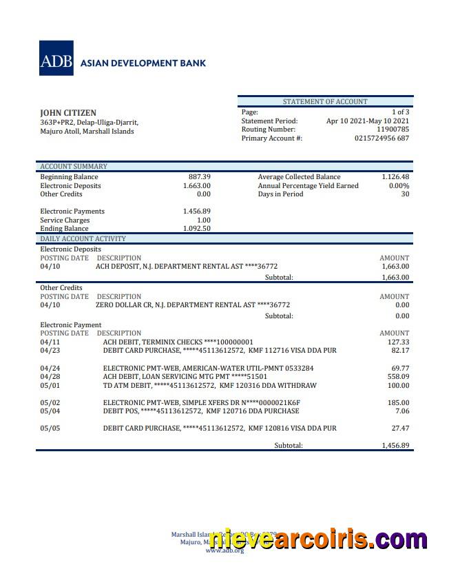 Marshal Islands ADB bank statement